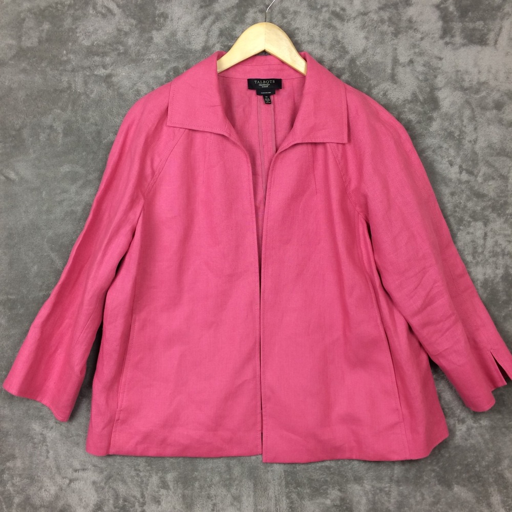 Talbots Linen Blazer Womens 1X Pink 100% Irish Linen Open Front 3/4 Sleeve
